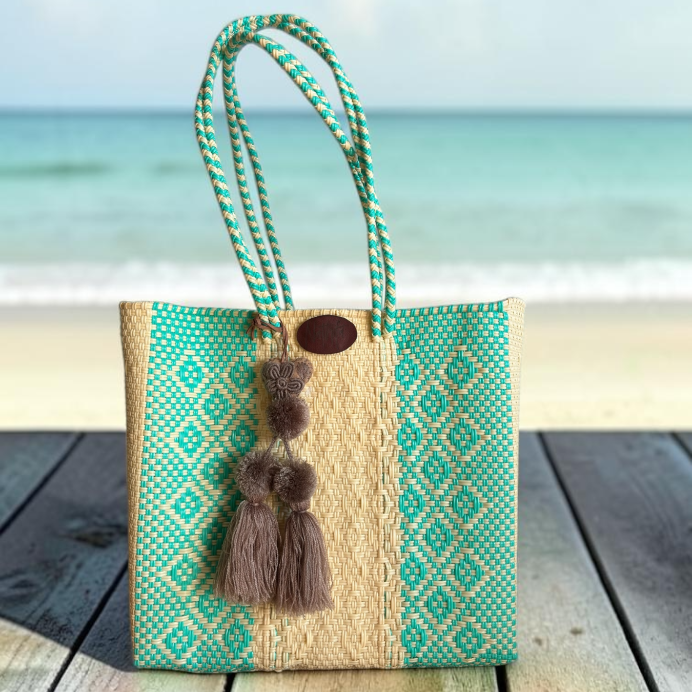 Carteras tejida mediana crema/menta