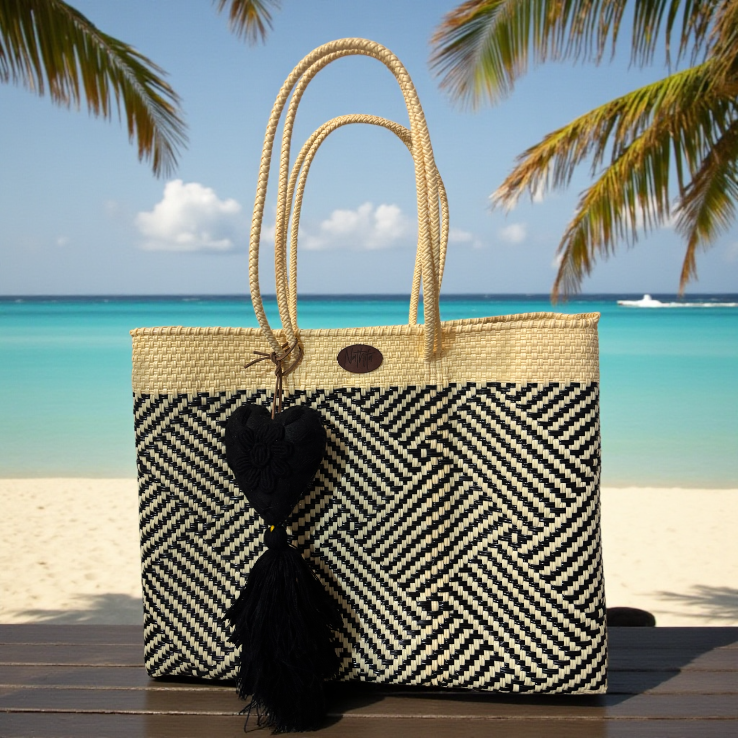 Cartera tejida grande Negro /blanco