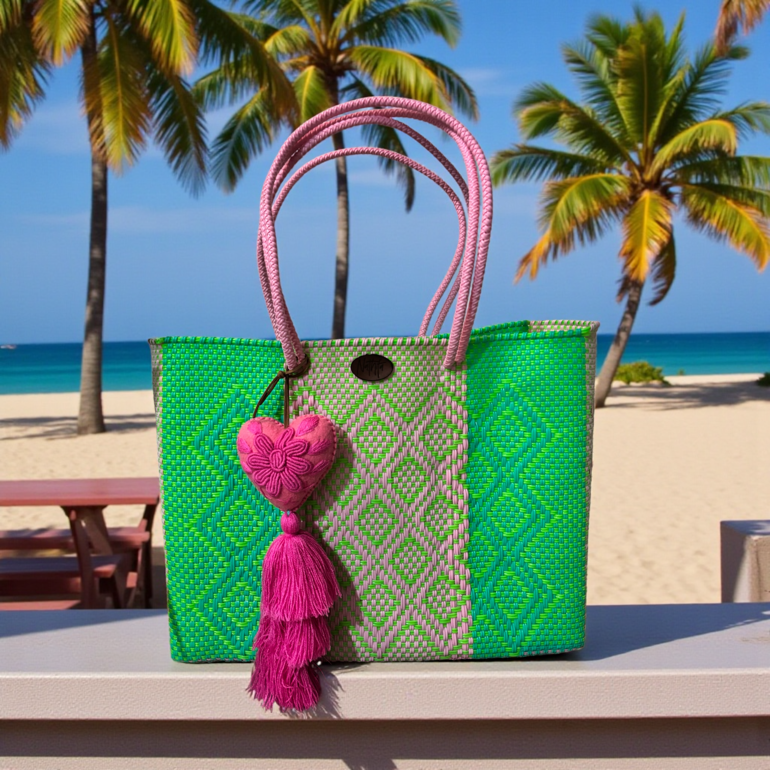 Cartera tejida grande Rosa/Verde Neon