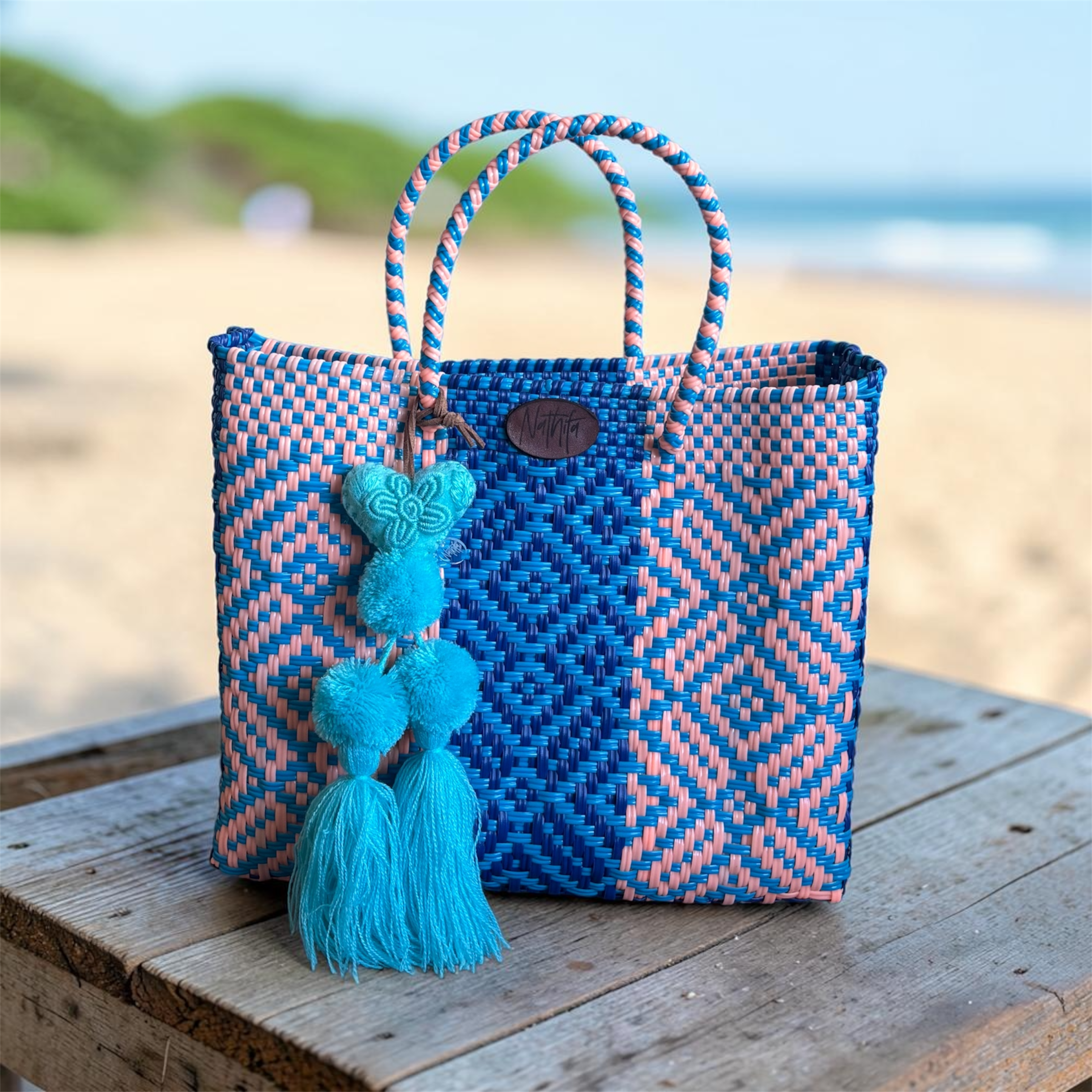 Cartera tejida pequeña azul/Rosa