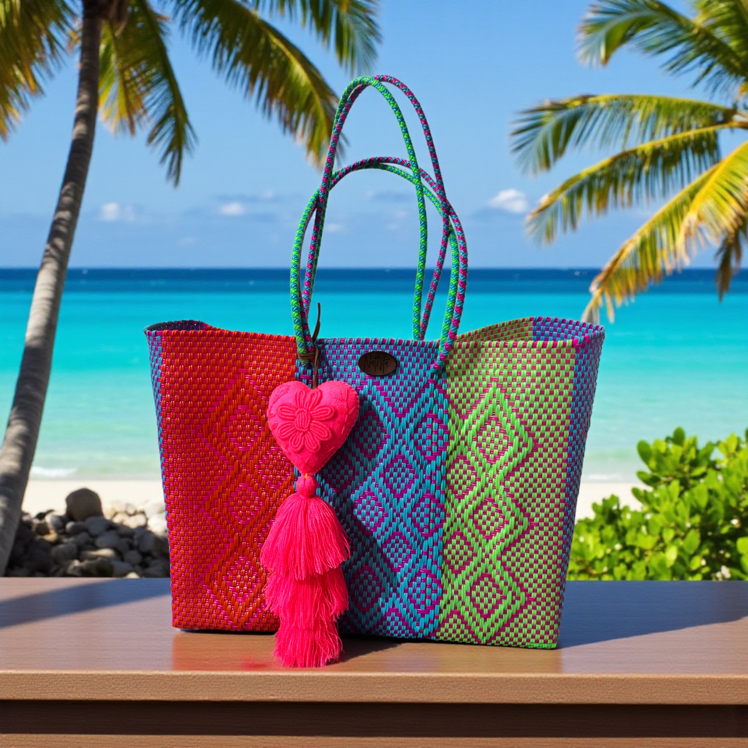 Cartera tejida grande Rosa/Azul/verde