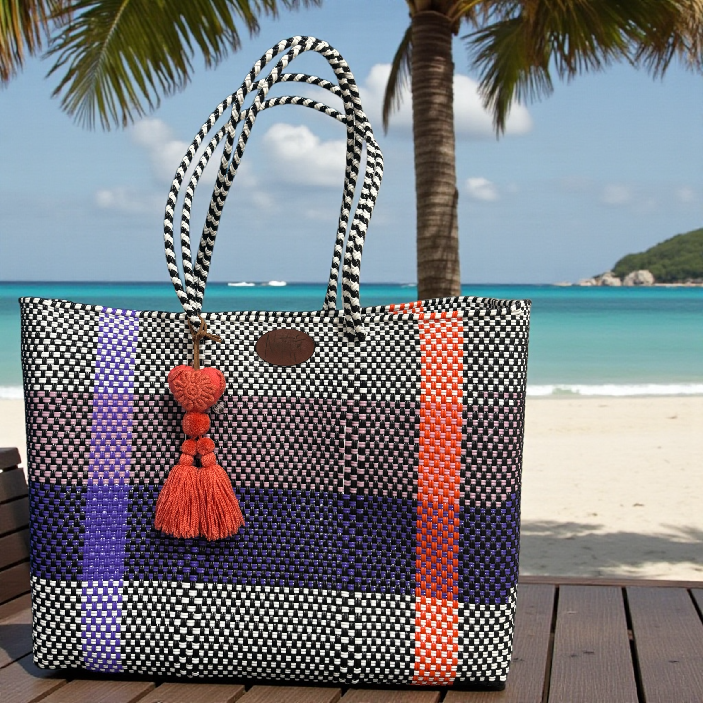 Cartera tejida grande Negro Morado