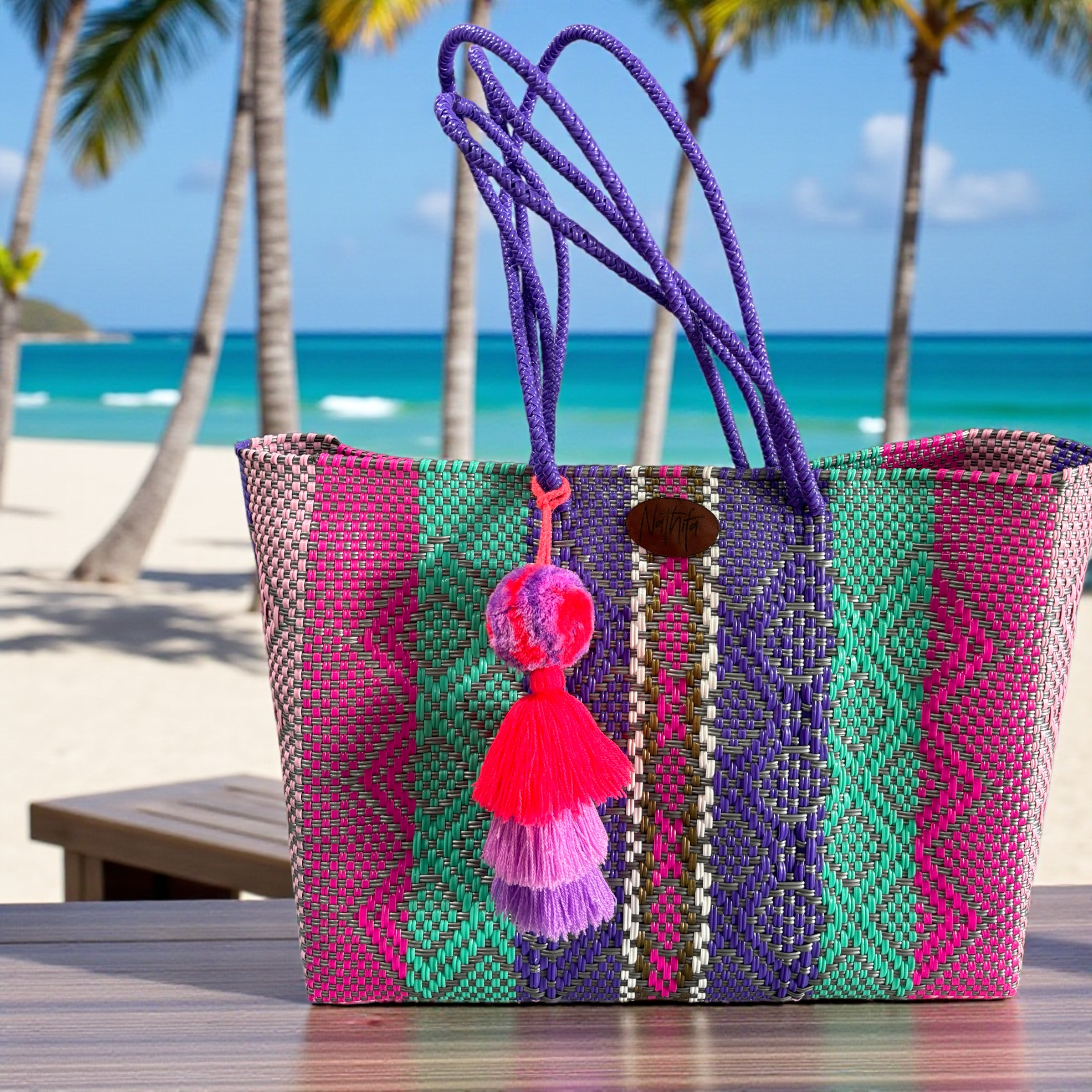 Carteras tejida grande Rayas Fucsia