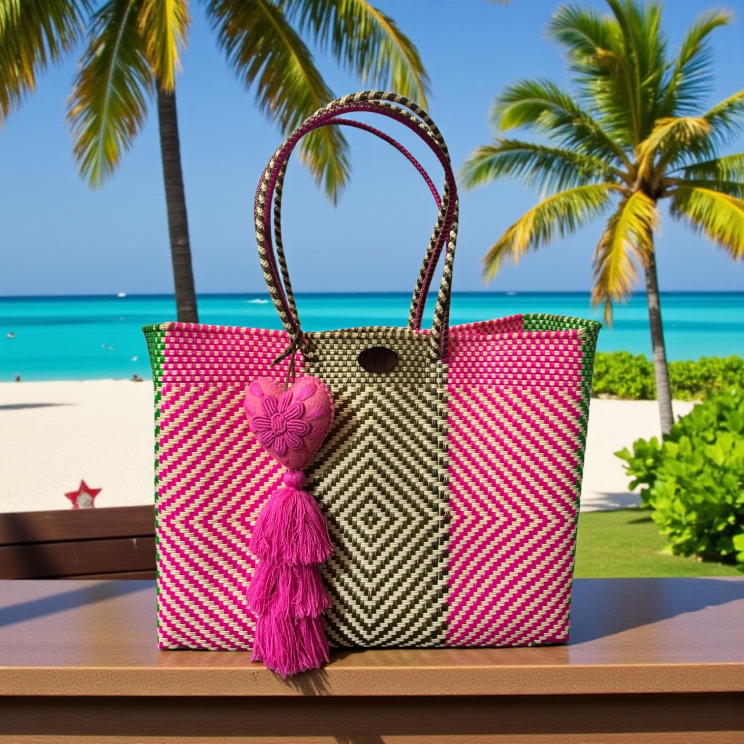 Cartera tejida grande Rosa/verde/dorado