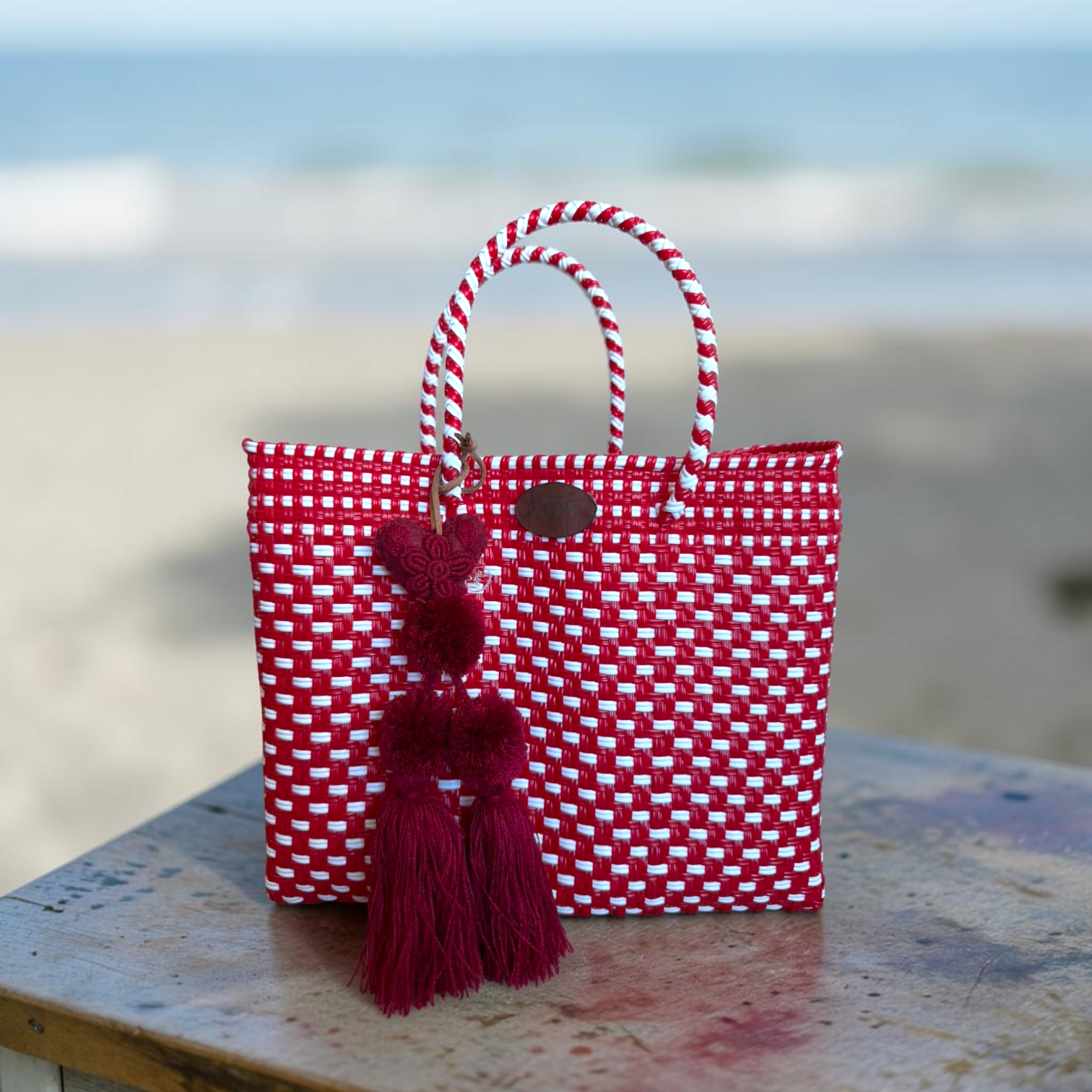Cartera tejida pequeña Rojo con blanco