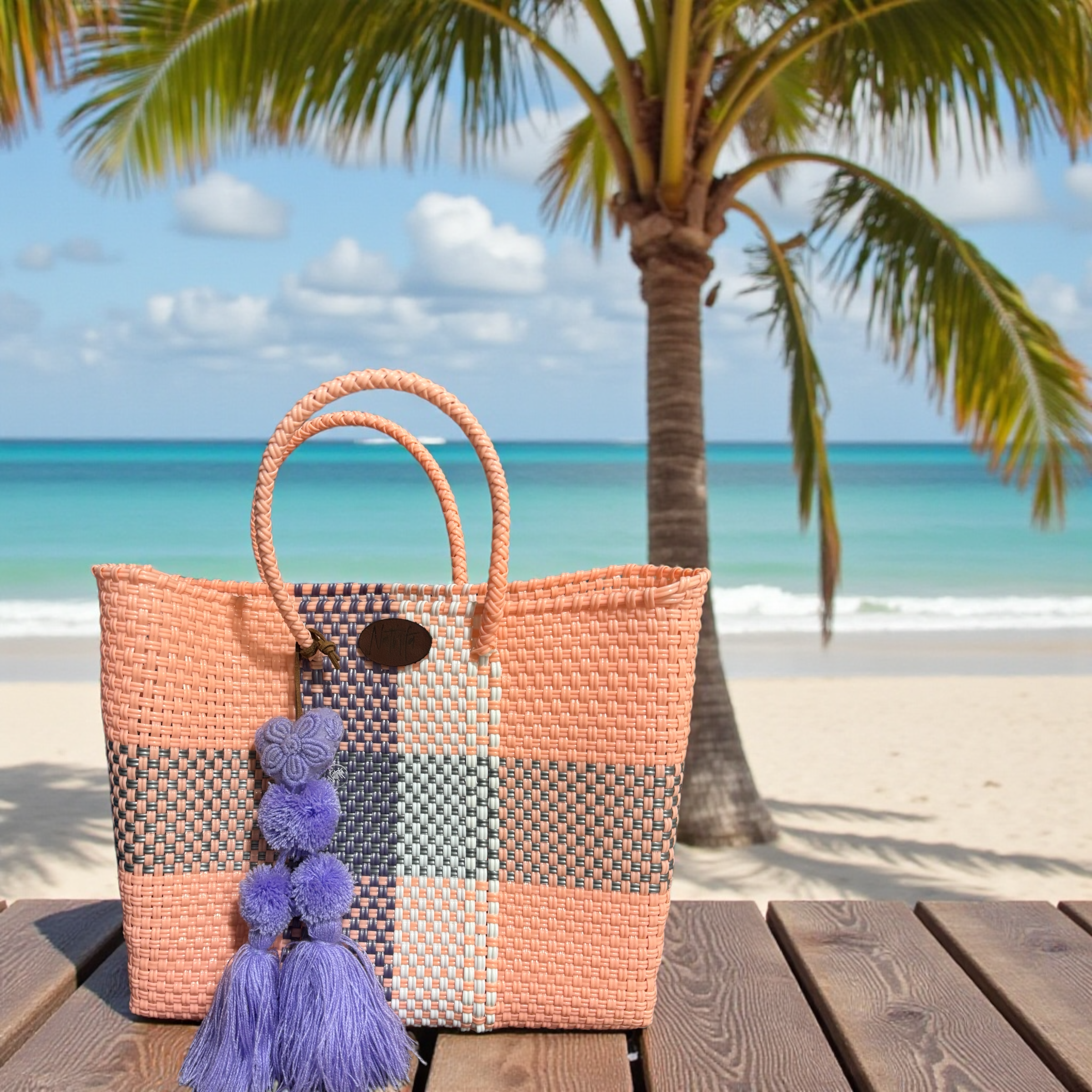 Cartera tejida pequeña Durazno/morado metálico