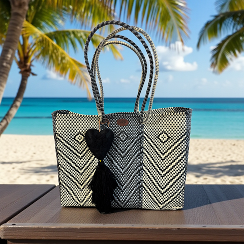 Cartera tejida grande Negro/gris/blanco