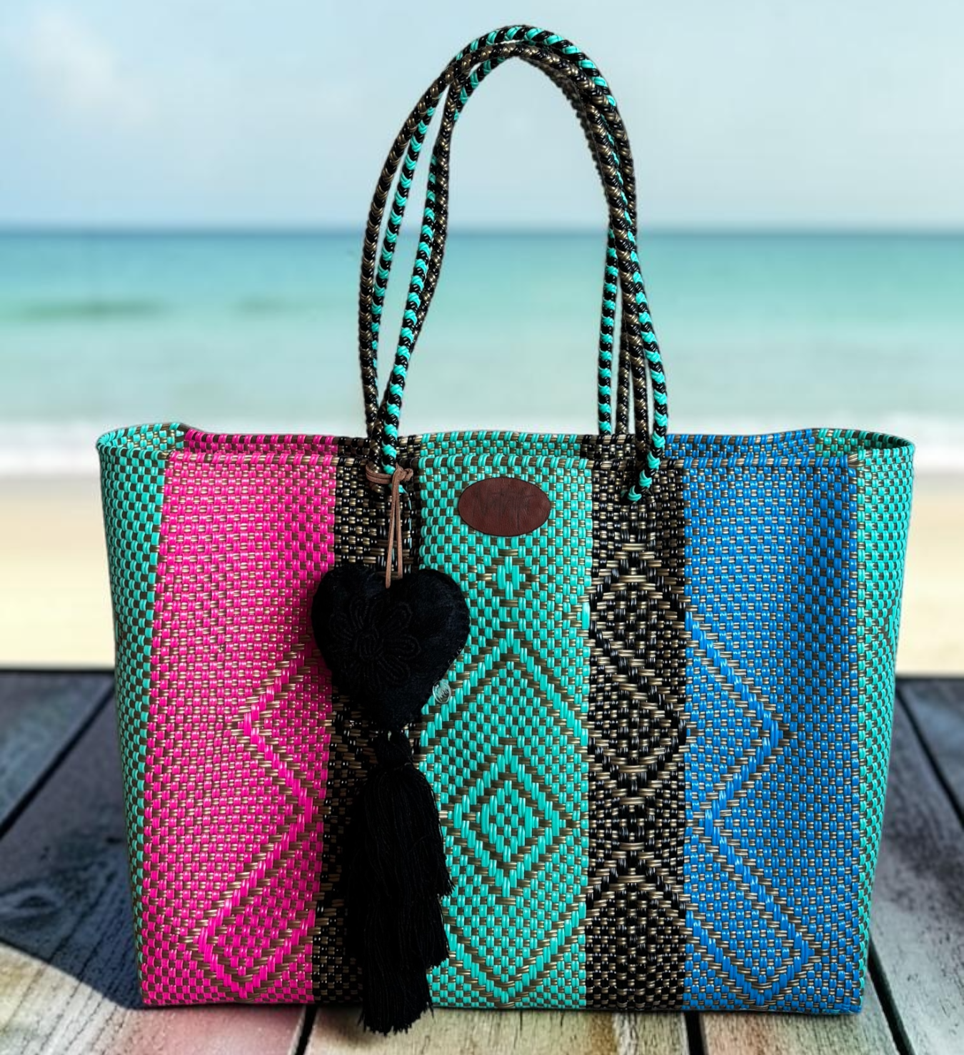 Cartera tejida grandeRosa/Azul/dorado