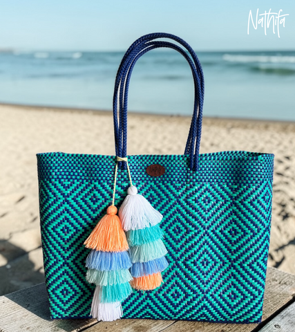 Cartera tejida grande Azul/Aqua