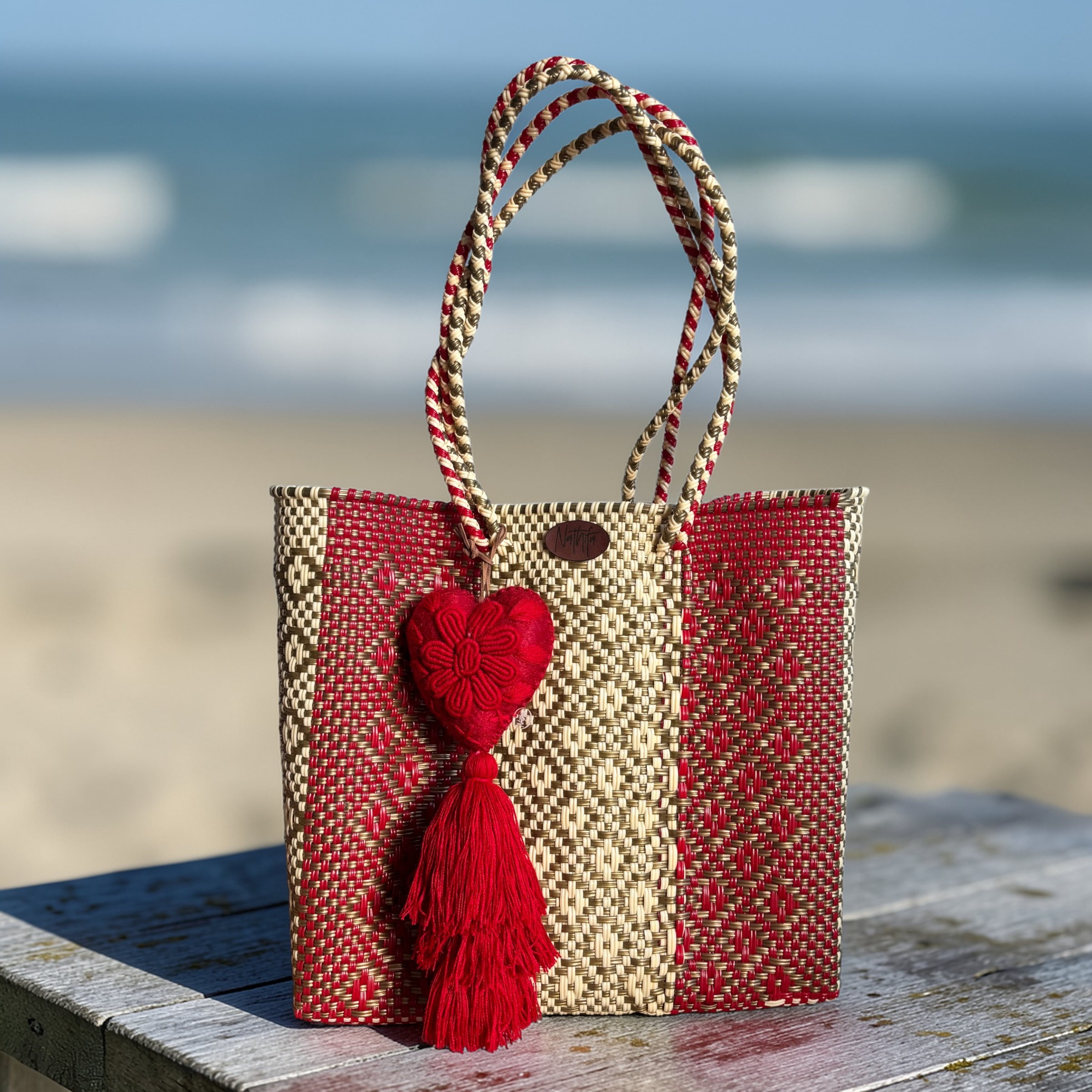 Cartera tejida mediana Rayas rojo/dorado