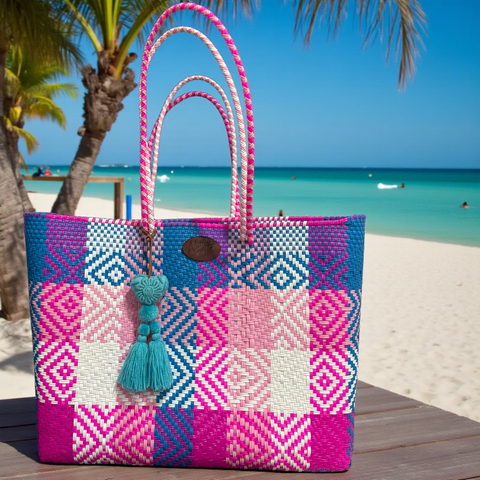 Carteras tejida grande cuadros Azul Rosa