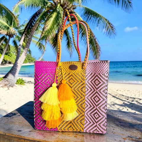 Cartera tejida mediana Rayas Rosa/dorado