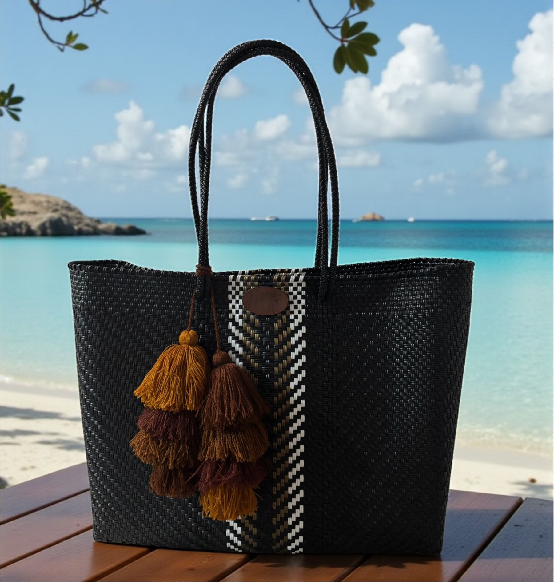 Carteras tejida grande Rayas Negra/dorado