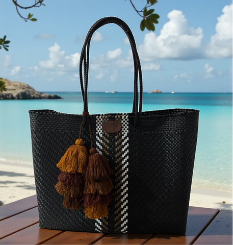 Carteras tejida grande Rayas Negra/dorado