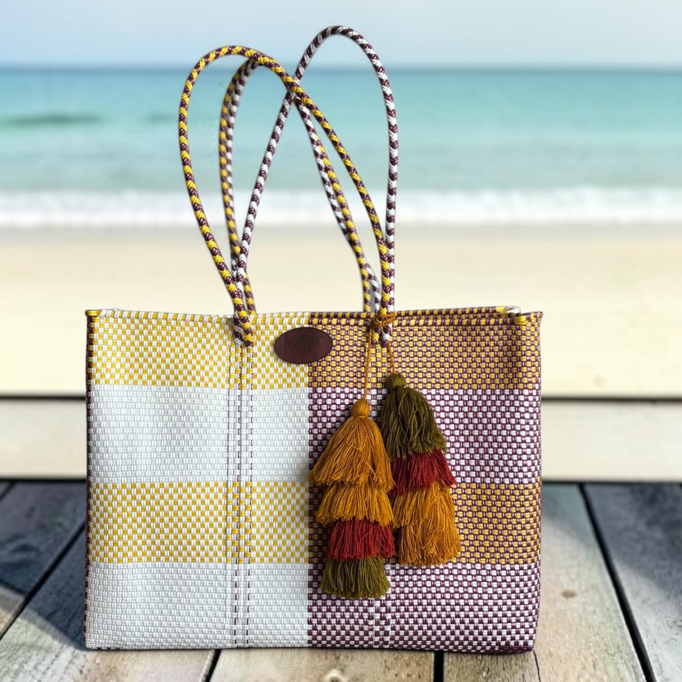 Cartera tejida grande amarillo/vino