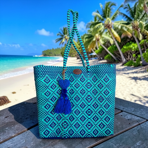 Cartera tejida mediana Azul/Aqua