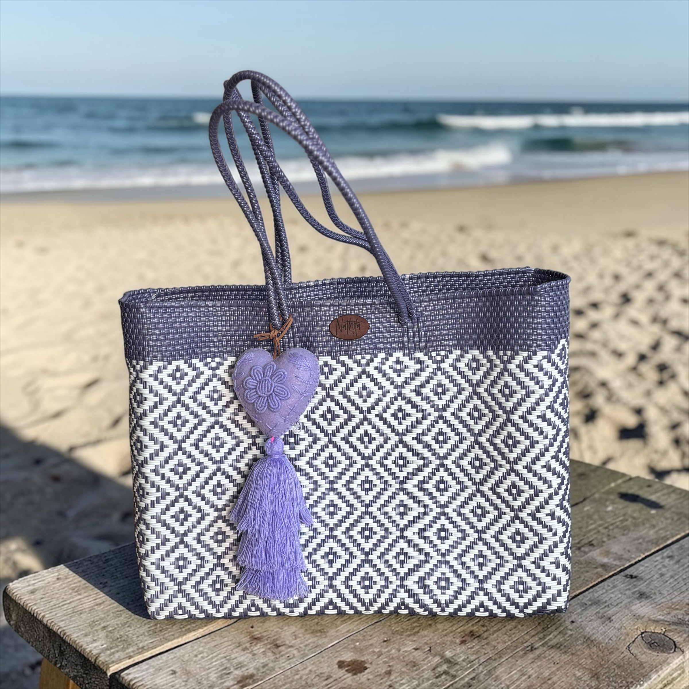 Cartera tejida grande lila /Blanco