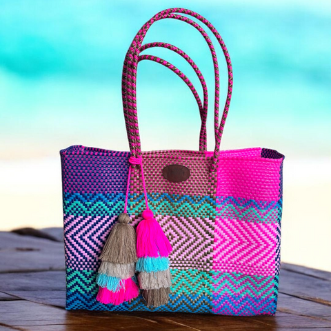 Cartera tejida grande Rosa/morado/dorado