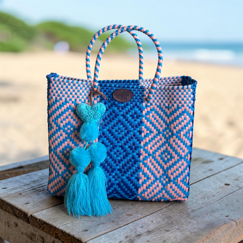 Cartera tejida pequeña azul/Rosa