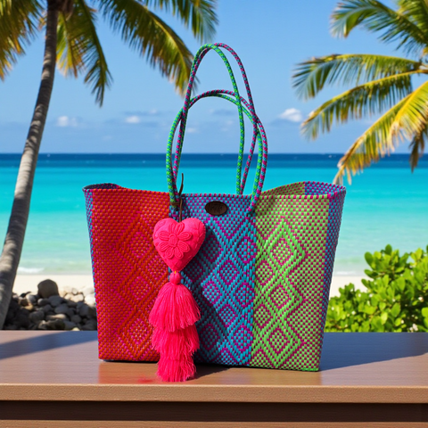 Cartera tejida grande Rosa/Azul/verde