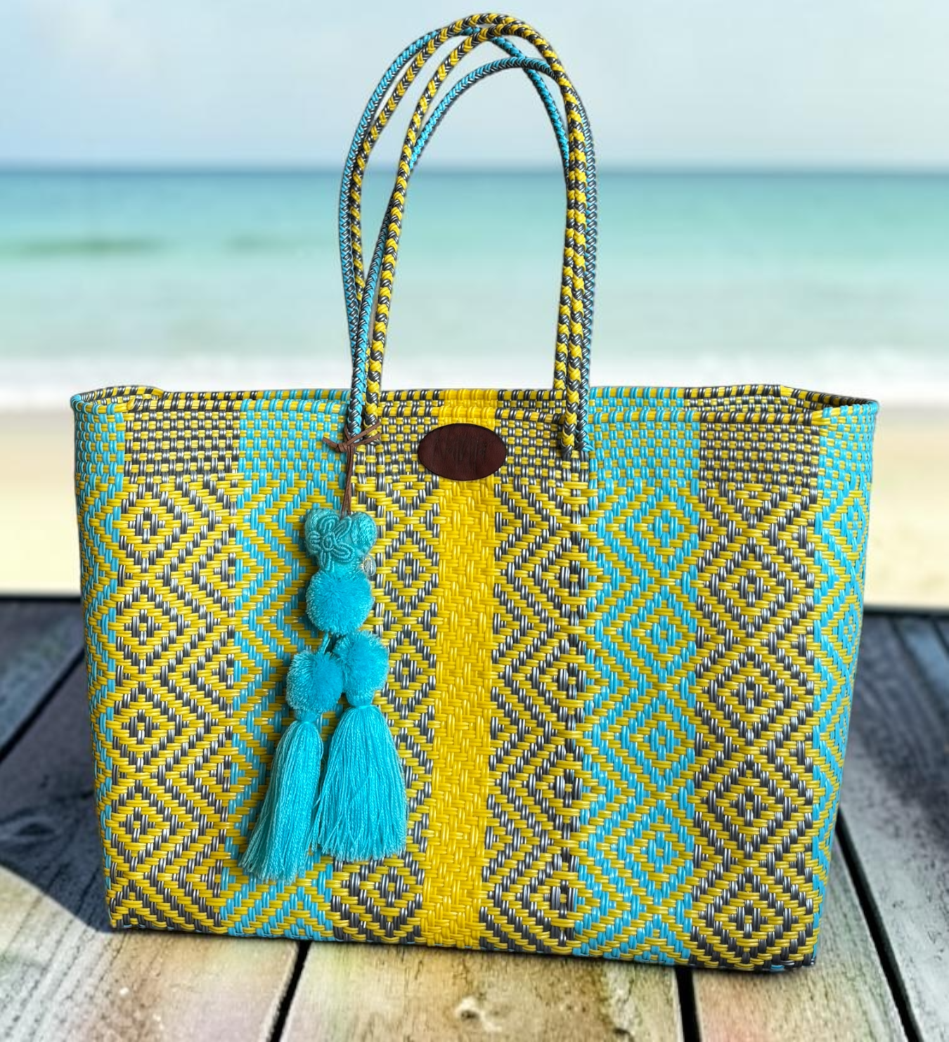Cartera tejida grande Amarillo/Azul/Plata