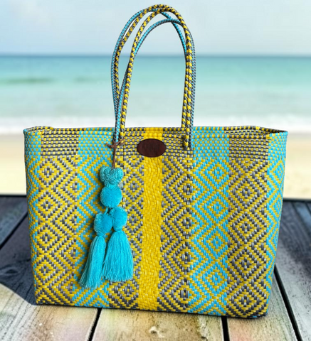 Cartera tejida grande Amarillo/Azul/Plata