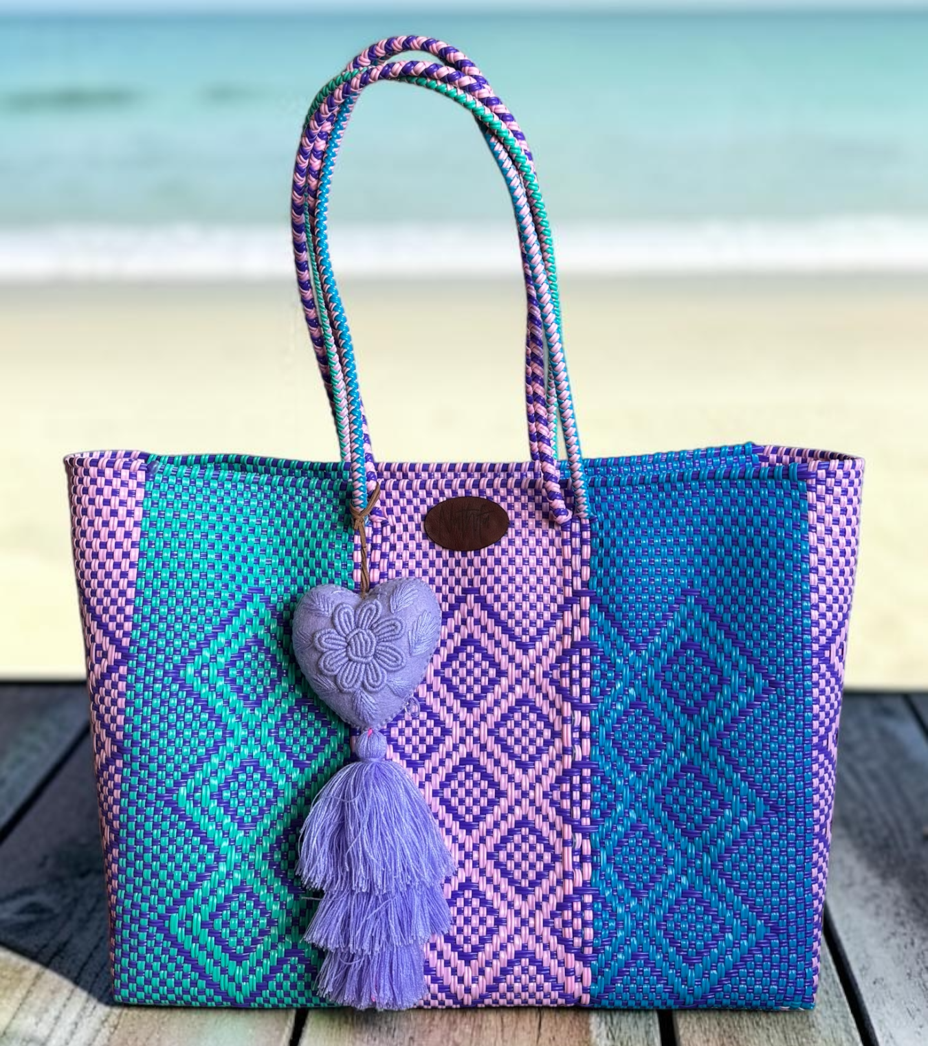 Cartera tejida grande Rosa/Lila/Azul