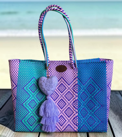Cartera tejida grande Rosa/Lila/Azul