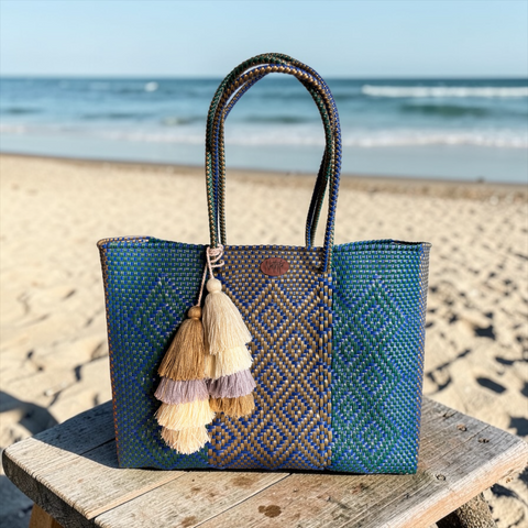 Cartera tejida grande Azul/Dorado