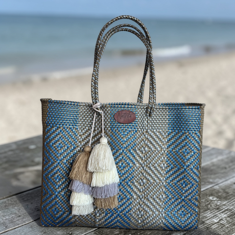 Cartera tejida grande Azul/Dorado