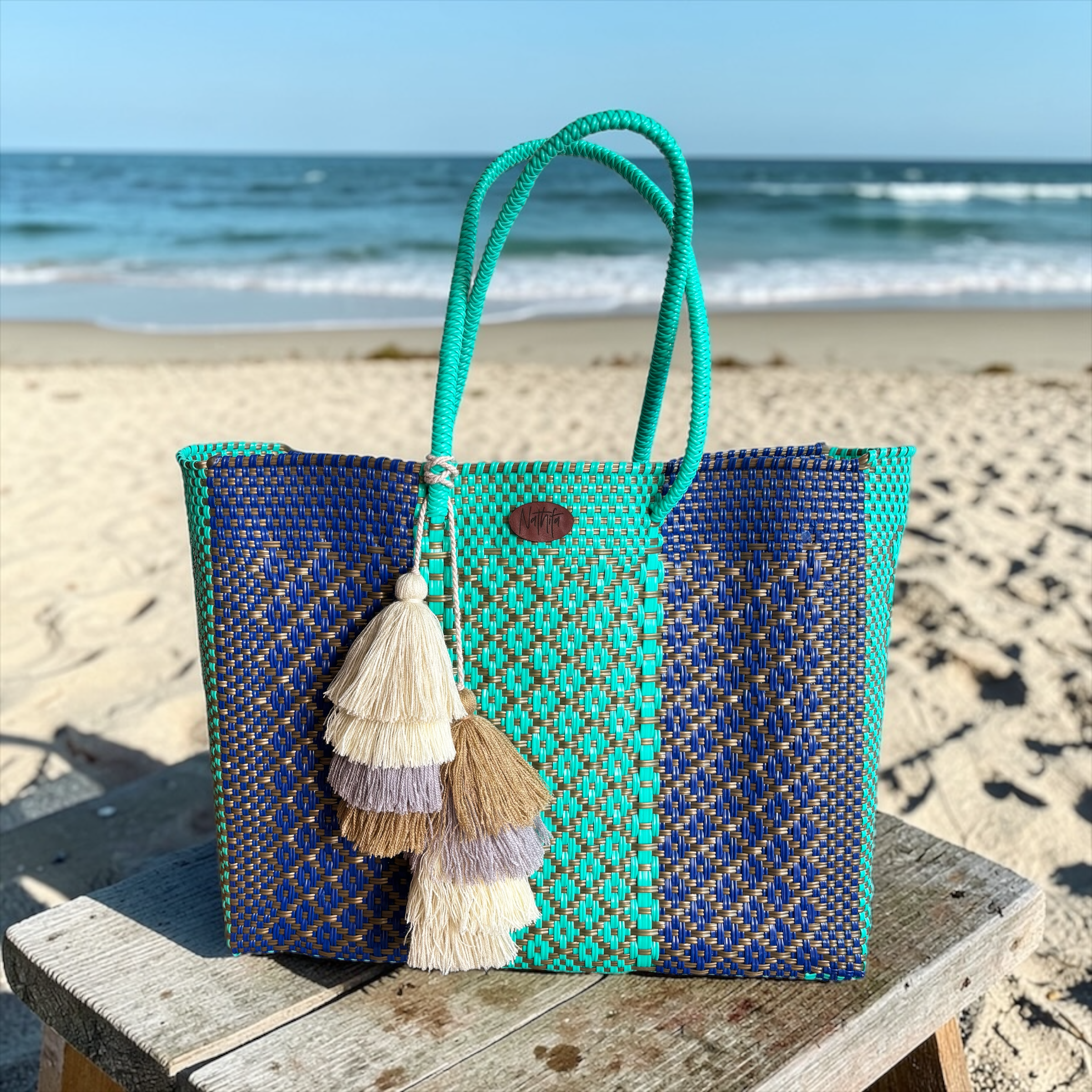 Cartera tejida grande Azul/Aqua