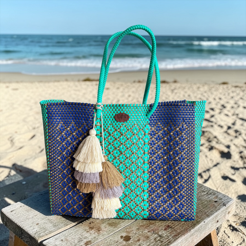 Cartera tejida grande Azul/Aqua