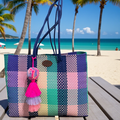 Carteras tejida grande cuadros rosa