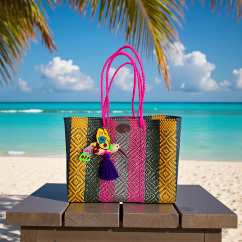 Carteras tejida grande Rayas Fucsia/Verde dorado