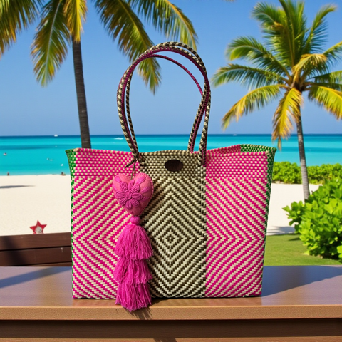 Cartera tejida grande Rosa/verde/dorado