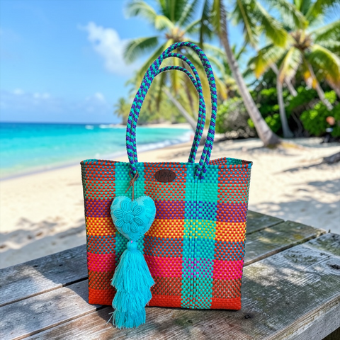 Cartera tejida mediana cuadros colores