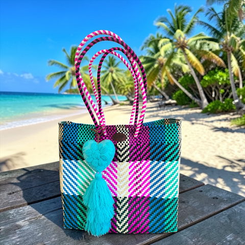 Cartera tejida mediana cuadros colores